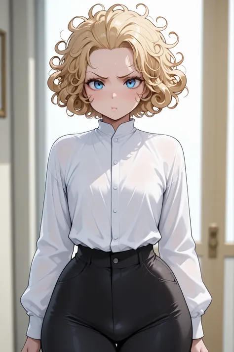 1boy, femboy, blonde Hair, curly hair, blue eyes, small waist, black pants, white shirt, messy hair, curly hair, short hair, hair pulled back, Glossy skin, long sleeves, looking at Viewer, pout, wide hips, 