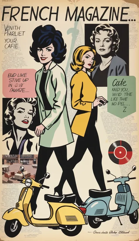 A stunning retro 1960s French magazine cover designed as an elegant collage. The composition features vintage black and white photos of chic French models and actors (inspired by Brigitte Bardot or Jean-Paul Belmondo), interspersed with colorful retro elem...