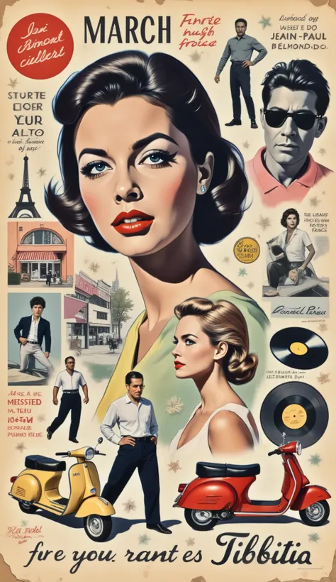 A stunning retro 1960s French magazine cover designed as an elegant collage. The composition features vintage black and white photos of chic French models and actors (inspired by Brigitte Bardot or Jean-Paul Belmondo), interspersed with colorful retro elem...