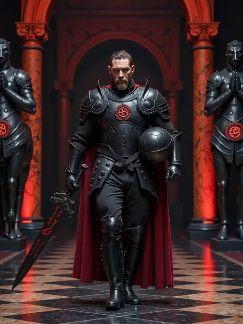 Tom Hardy reimagined as the black knight of a chess empire, walking and holding a massive black greatsword engraved with glowing red runes, 1 male, full body, powerful and intense, rugged skin, short rough dark hair, fierce gray eyes with a battle-worn gaz...