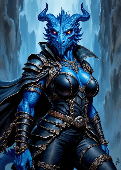 An extremely detailed comic book illustration of an extremely curvaceous Chromatic Blue Dragonborn from Dungeons and Dragons which look like wingless bipedal dragons scaly bright-eyed and thick-boned with horns on their heads with blue coloration trained a...