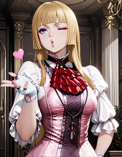 anime screencap, masterpiece, best quality, amazing quality, very aesthetic, absurdres, newest, 1girl, solo, lilit8, long hair, hime cut, blonde hair, blunt bangs, blue eyes, makeup, eyeshadow, lips, sleeves past elbows, white shirt, red neckerchief, pink ...