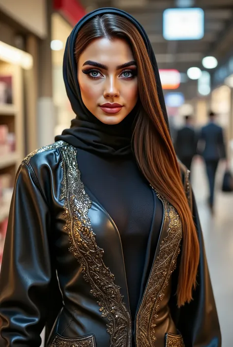 Crocodile pattern blouse, gorgeous woman, professional, (4k photo) by (Jeremy Lipking:0.3), (Dittmann Anna:0.3), (Arian Mark:0.3), (Sharp focus:1.3), (beautiful woman:1.3), wearing (leather hijab, leather abaya with intricate gold details:1.2), perfect mak...