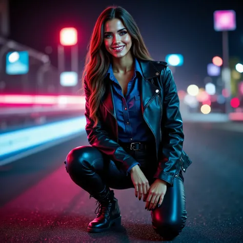 smiling woman wearing dark blue denim shirt tucked into black leather pants, buckled belt, short biker jacket, knee high boots with lacing, she is squatted outside in the pitlane of a formula one race, night, neon lights, background glow,