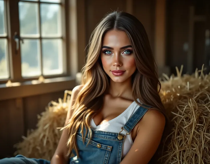 (Best quality, hyperrealistic, 8k, 32k, Masterpiece, UHD:1.2), full-body shot of a woman with long, flowing hair, deep eyes, and glowing skin, reclining on a bale of hay in a rustic barn. She has a perfect smile. She wears a pair of worn denim overalls and...