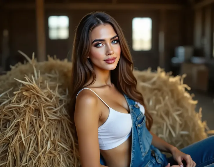 (Best quality, hyperrealistic, 8k, 32k, Masterpiece, UHD:1.2), full-body shot of a woman with long, flowing hair, deep eyes, and glowing skin, reclining on a bale of hay in a rustic barn. She has a perfect smile. She wears a pair of worn denim overalls and...
