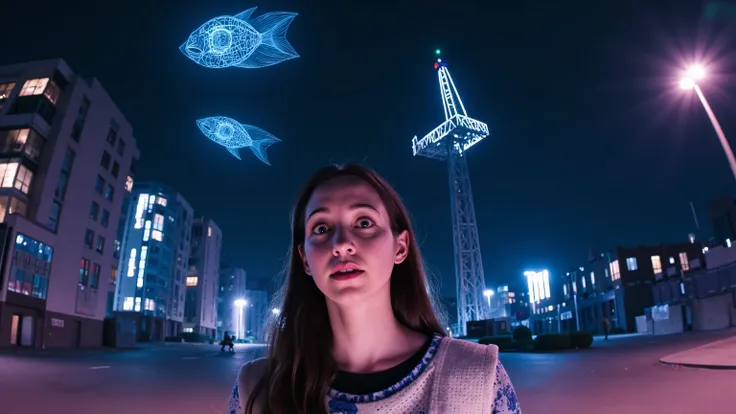 Alice Liddell, street lights, (black light), tilt angle, Eye of Providence, fisheye-lens, mad, lunatically, creepy, glowing geometrical fish, radio tower