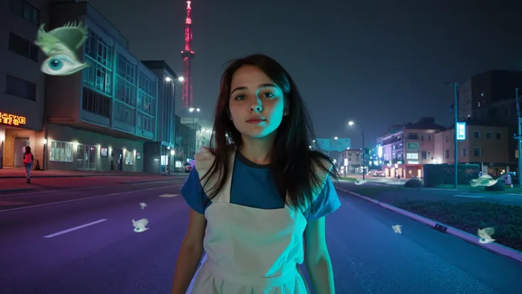 Alice Liddell, street lights, (black light), tilt angle, Eye of Providence, fisheye-lens, mad, lunatically, creepy, glowing geometrical fish, radio tower