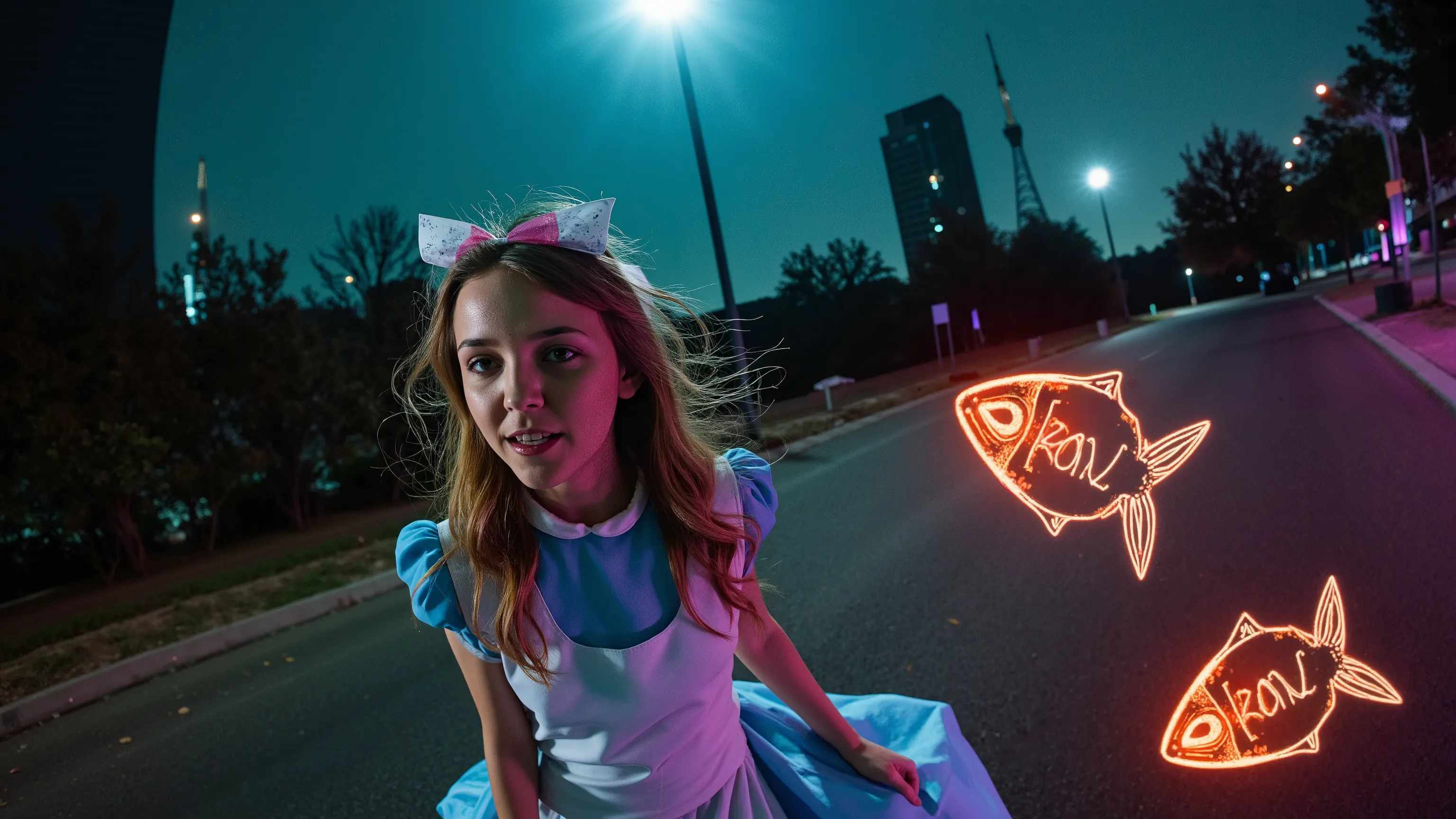 Alice Liddell, street lights, (black light), tilt angle, Eye of Providence, fisheye-lens, mad, lunatically, creepy, glowing geometrical fish, radio tower