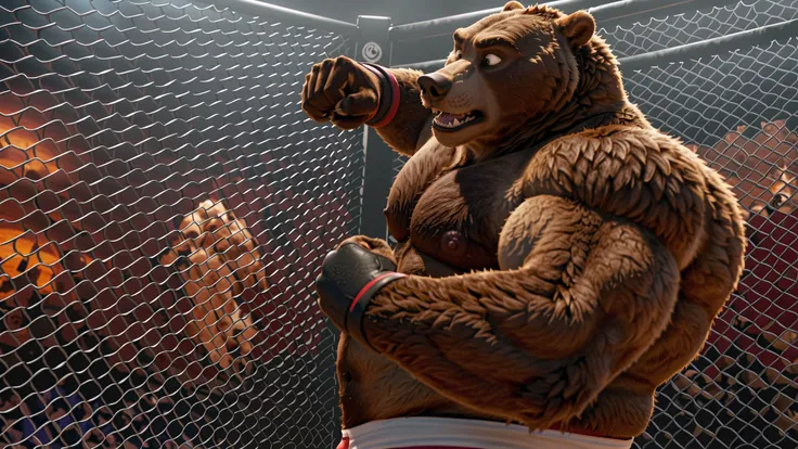 Huge muscular thick brown fur Grizzly Bear Wrestler shirtless in red shorts with white waistline and stripes, at the Fight tournament. Punching. MMA Wolf challenger. Fighting match. 8k, highly detailed, Zootopia