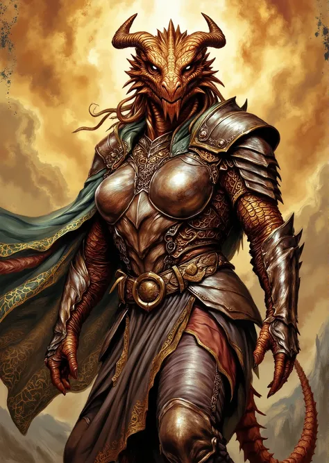 An extremely detailed comic book illustration of an extremely curvaceous Metallic Bronze Dragonborn from Dungeons and Dragons which look like wingless bipedal dragons scaly bright-eyed and thick-boned with horns on their heads with a bronze coloration trai...