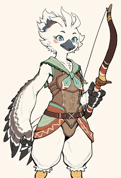 ((soft shading, 4k, hi res, detailed face, detailed, Best quality, masterpiece, perfect line art, perfect body, detailed anatomy, perfect shading)), by Zioxing, solo, 1male, Tulin, Rito, Rito[TLOZ], Rito, avian, bird, feathers, tail short plume, beak, anth...