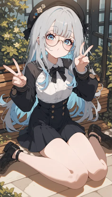 Alone ,,Wear glasses, wear,round glasses,Gray hair,Light Blue Hair, Two tone hair,long hair,cute,Long Sleeve Shirt,small breasted shirt,, wear a black beret, Long Black Skirt ,Black Shoes,artist,V sign 