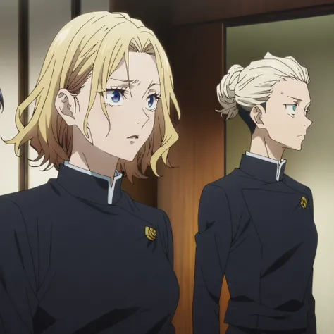1girl, anime screencap from jujutsu kaisen, middle hair, wavy hair, blonde hair, dark blue eyes, wearing uniform, skinny body, in the room, good quality, best quality,