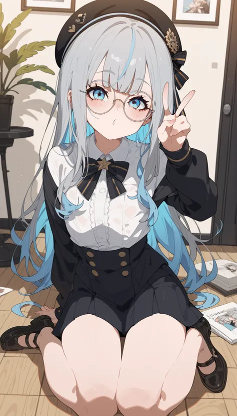 Alone ,,Wear glasses, wear,round glasses,Gray hair,Light Blue Hair, Two tone hair,long hair,cute,Long Sleeve Shirt,small breasted shirt,, wear a black beret, Long Black Skirt ,Black Shoes,artist,V sign ,sitting on the floor,In the art room,