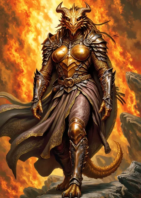 An extremely detailed comic book illustration of an extremely curvaceous Metallic Gold Dragonborn from Dungeons and Dragons which look like wingless bipedal dragons scaly bright-eyed and thick-boned with horns on their heads with a gold coloration trained ...