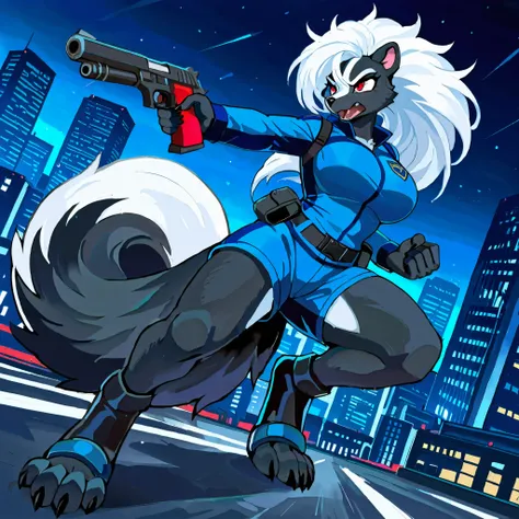 masterpiece, best quality, anime style, anime shading, full body picture, buxom body type, centered, three-quarters view, by plive, 1girl, anthro, furry female, large skunk female, long white hair, red eyes, (pointed ears), (tall with large breasts), black...