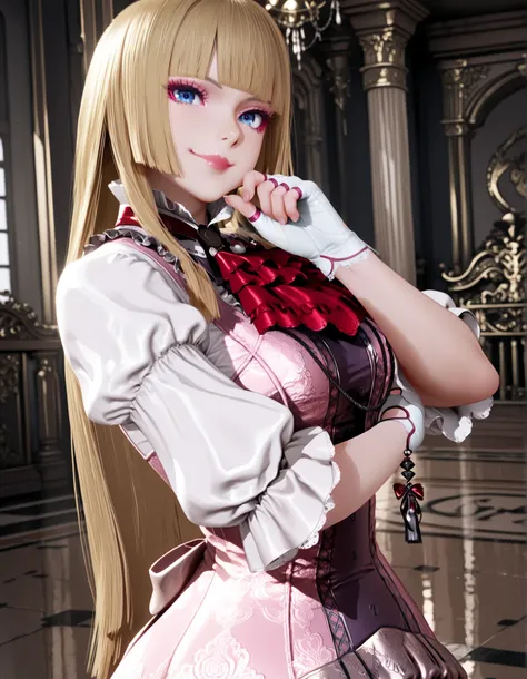 masterpiece, best quality, amazing quality, very aesthetic, absurdres, newest, 1girl, solo, lilit8, long hair, hime cut, blonde hair, blunt bangs, blue eyes, makeup, eyeshadow, lips, sleeves past elbows, white shirt, red neckerchief, pink dress, high-low s...