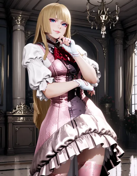 masterpiece, best quality, amazing quality, very aesthetic, absurdres, newest, 1girl, solo, lilit8, long hair, hime cut, blonde hair, blunt bangs, blue eyes, makeup, eyeshadow, lips, sleeves past elbows, white shirt, red neckerchief, pink dress, high-low s...