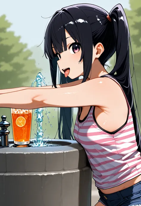 d_Giroo ,1 girl,change,tank top,hotpants,twin tails,black_hair,flin_chest,pink_ striped _太ももまin丈の靴下, drink _FOUNTAIN,adjusted_hair,from_side,Profile,A quick glance_in_viewer,tongue_outside,leaning on_go ahead