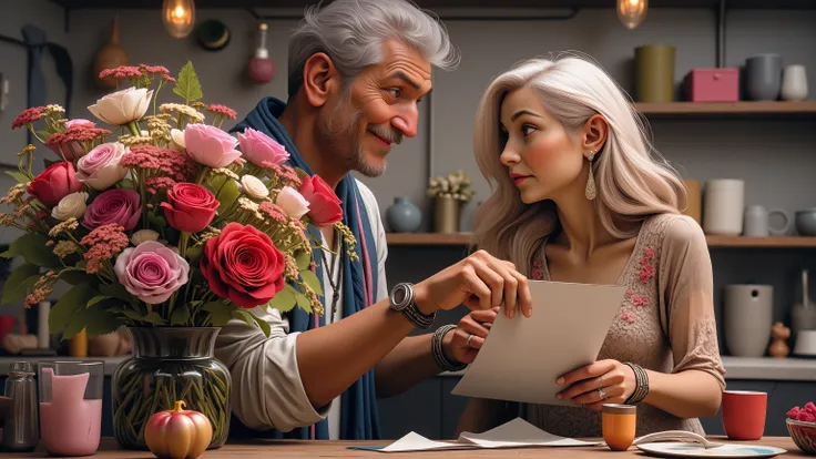 a 45 year old man and a 45 year old woman are sitting next to each other. the man holds a bouquet of flowers in one hand and an envelope in the other hand. he looks at the envelope with incomprehension. the woman looks at the man's reaction. Camera 4k. the...