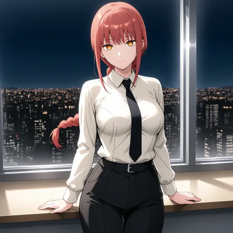 makima, makima, long hair, red Hair, smile, bangs, braid, braided ponytail, yellow eyes, ringed eyes,
shirt, long sleeves, white shirt, necktie, collared shirt, pants, black pants, formal, suit, shirt tucked in,
Office, night, standing by window
lookin...