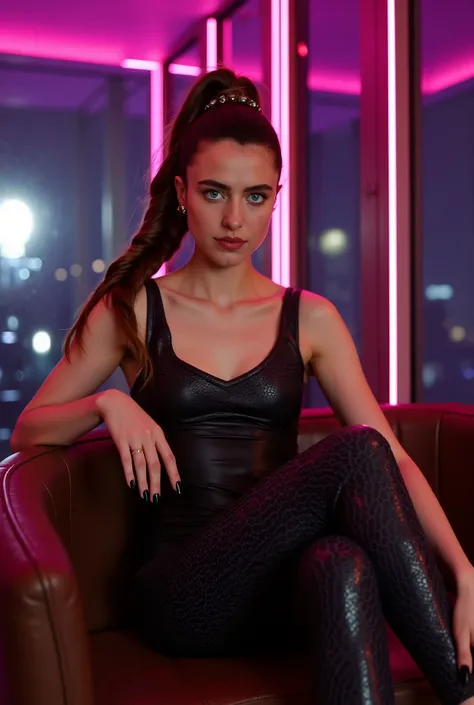 A full-body photograph, masterpiece, photorealistic, high-resolution photograph featuring a Caucasus girl with a fair complexion and a slender build, margqflx. She has a striking, symmetrical face with a high forehead, arched eyebrows, and full lips. Her v...