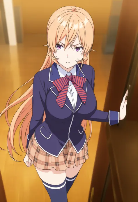 masterpiece,best quality,Nakiri Erina, long hair,blonde hair,hair between eyes,purple eyes,school uniform,blue jacket,blazer,wing collar,red striped necktie,white shirt,collared shirt,long sleeves,large breasts,,mini brown plaid skirt,blue thighhighs,, sta...