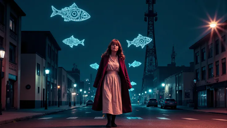 Alice Liddell, street lights, (black light), tilt angle, Eye of Providence, fisheye-lens, mad, lunatically, creepy, glowing geometrical fish, radio tower