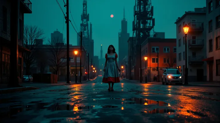 Alice Liddell, street lights, (black light), tilt angle, Eye of Providence, fisheye-lens, mad, lunatically, creepy, glowing geometrical fish, radio tower