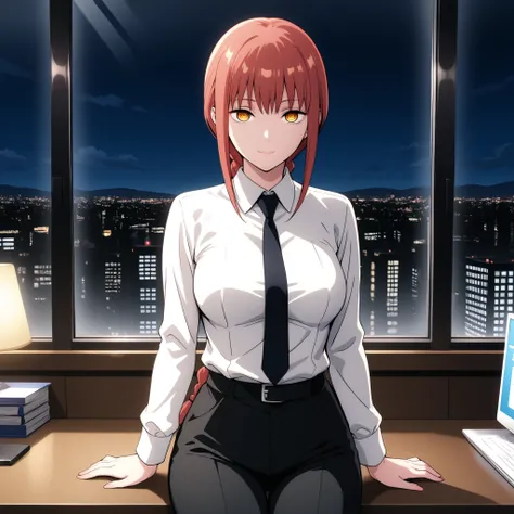 makima, makima, long hair, red Hair, smile, bangs, braid, braided ponytail, yellow eyes, ringed eyes,
shirt, long sleeves, white shirt, necktie, collared shirt, pants, black pants, formal, suit, shirt tucked in,
Office, night, standing by window
lookin...