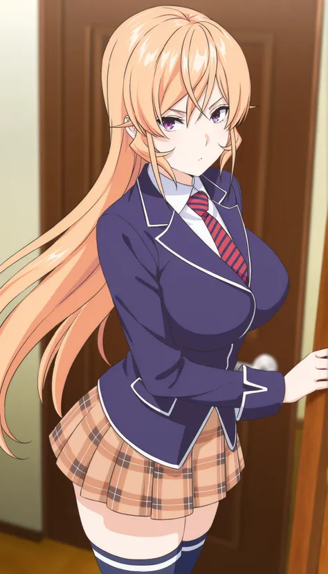 masterpiece,best quality,Nakiri Erina, long hair,blonde hair,hair between eyes,purple eyes,school uniform,blue jacket,blazer,wing collar,red striped necktie,white shirt,collared shirt,long sleeves,large breasts,,mini brown plaid skirt,blue thighhighs,, sta...