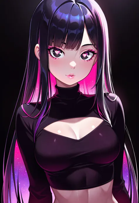 Masterpiece, Best Quality, Great Quality, Black Background, Colorful, Lively, Shining Contours, Neon, Negative, Viewers, Skin Texture Details, Volumetric Shadows, Skinny, 1 Girl, Medium Breasts, Shiny Dark Black Hair, Neon Pink Highlights In Hair, Dark Pur...