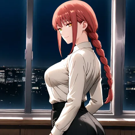 makima, makima, long hair, red Hair, smile, bangs, braid, braided ponytail, yellow eyes, ringed eyes,
formal, suit, shirt tucked in, black pants,
Office, night, standing by window
looking at viewer,side view, cowboy shot, solo,cute breasts,cute ass
(((1g...
