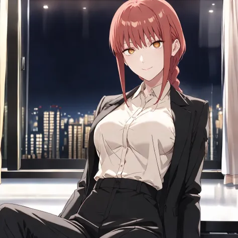 makima, makima, long hair, red Hair, smile, bangs, braid, braided ponytail, yellow eyes, ringed eyes,
formal, suit, shirt tucked in, black pants,
Office, night, by window
Sitting, looking at viewer, front view, cowboy shot, solo,cute breasts,
(((1girl, ...