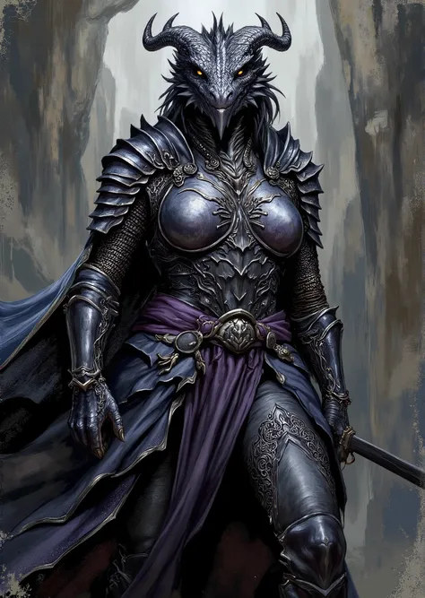 An extremely detailed comic book illustration of an extremely curvaceous Chromatic Black Dragonborn from Dungeons and Dragons which look like wingless bipedal dragons scaly bright-eyed and thick-boned with horns on their heads with black coloration trained...