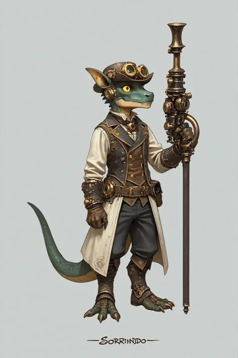 charater sheet, kobold, steampunk_costume, male, Holding a Bacamarte, Reptilian yellow eyes, sorrindo