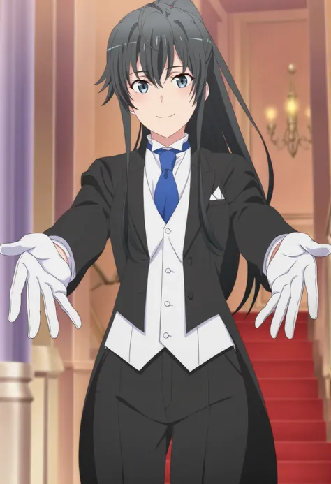 score_9,score_8_up,score_7_up,source anime,anime screencap,anime coloring,masterpiece,best quality,,,in front,,,1girl, solo, standing yukinoshita yukino, blue eyes , black hair, long hair, ponytail, tuxedo tailcoat, butler, blue necktie, black pants, white...