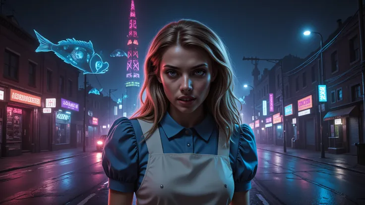 Alice Liddell, street lights, (black light), tilt angle, Eye of Providence, fisheye-lens, mad, lunatically, creepy, glowing geometrical fish, radio tower