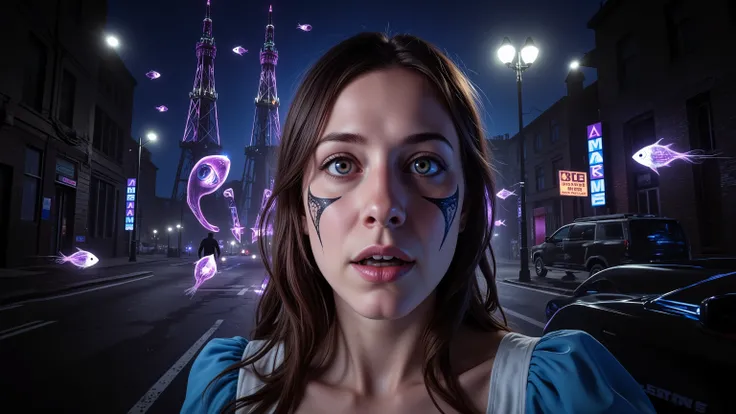 Alice Liddell, street lights, (black light), tilt angle, Eye of Providence, fisheye-lens, mad, lunatically, creepy, glowing geometrical fish, radio tower