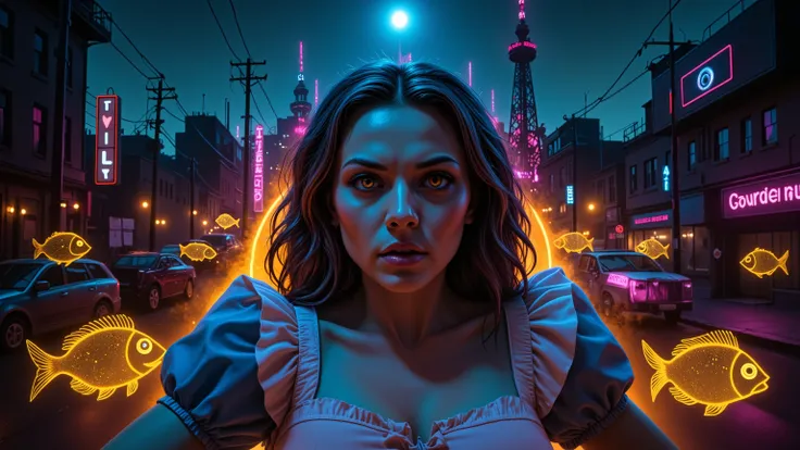Alice Liddell, street lights, (black light), tilt angle, Eye of Providence, fisheye-lens, mad, lunatically, creepy, glowing geometrical fish, radio tower