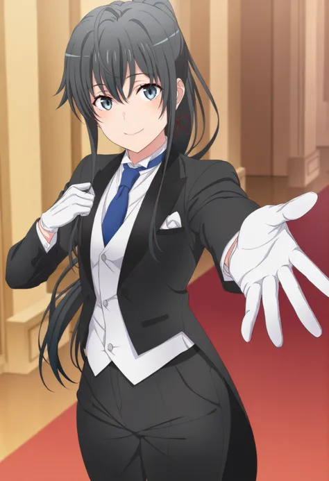 masterpiece,best quality,,,in front,,,1girl, solo, standing yukinoshita yukino, blue eyes , black hair, long hair, ponytail, tuxedo tailcoat, butler, blue necktie, black pants, white gloves , soft thighs,cool smile, reaching at viewer, handsome girl, shinn...