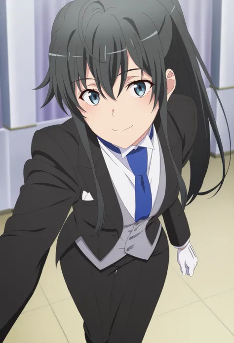 score_9,score_8_up,score_7_up,source anime,anime screencap,anime coloring,masterpiece,best quality,,,in front,,,1girl, solo, standing yukinoshita yukino, blue eyes , black hair, long hair, ponytail, tuxedo tailcoat, butler, blue necktie, black pants, white...