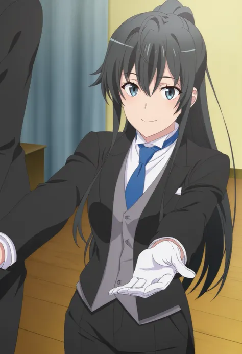 score_9,score_8_up,score_7_up,source anime,anime screencap,anime coloring,masterpiece,best quality,,,in front,,,1girl, solo, standing yukinoshita yukino, blue eyes , black hair, long hair, ponytail, tuxedo tailcoat, butler, blue necktie, black pants, white...