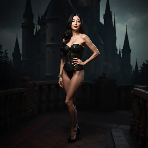 Jane Douglas in a sexy outfit, Asian femme fatale, red lipstick, corset with cutouts, high heels, cleavage, thighs, calves, castle