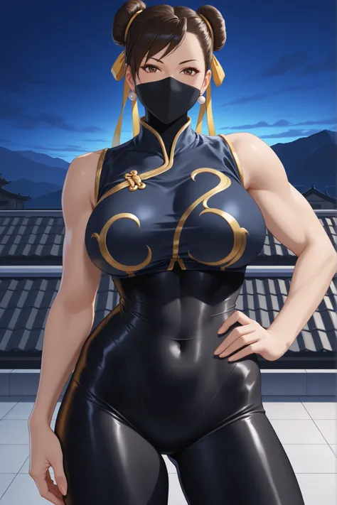 masterpiece, beautiful, ultra-detailed, detailed face, 4k, hd, perfect lighting, best quality, score_9, score_8_up, score_7_up, 2d art, perfect hands, perfect eyes
((cowboy shot)), CHUNLIAL, brown eyes, double bun, yellow ribbon, black bodysuit, black crop...
