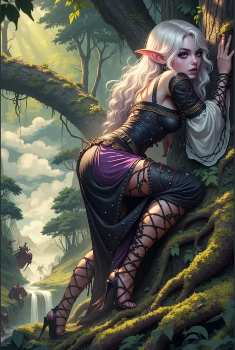 (Ultra-detailed face, Looking Away, Gothic Illustration, Dark Tone Colors.) , BREAK
(White gas, misty forest. Rolling hills, the ground covered with grass and sheep's teeth, vines coiling around the trees. A female dark elf wizard twists her body and duck...