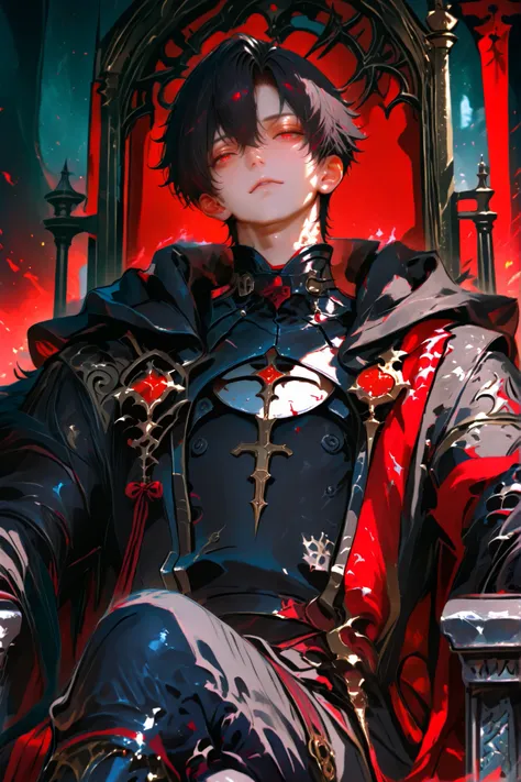 masterpiece, best quality, Detailed Eyes, boy, male, handsome, fantasy, red eye, shortcut black hair, semi realistic, 8k, black medieval suit with crimson color accessories, looking at viewer, emotionless face, solo character, half body, sitting one throne...