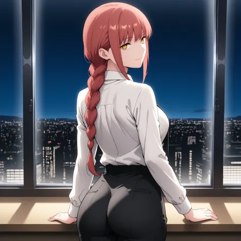 makima, makima, long hair, red Hair, smile, bangs, braid, braided ponytail, yellow eyes, ringed eyes,
shirt, long sleeves, white shirt, necktie, collared shirt, pants, black pants, formal, suit, shirt tucked in,
Office, night, standing by window
standin...