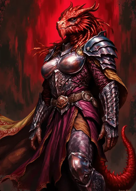 An extremely detailed comic book illustration of an extremely curvaceous Chromatic Red Dragonborn from Dungeons and Dragons which look like wingless bipedal dragons scaly bright-eyed and thick-boned with horns on their heads with a red coloration trained a...